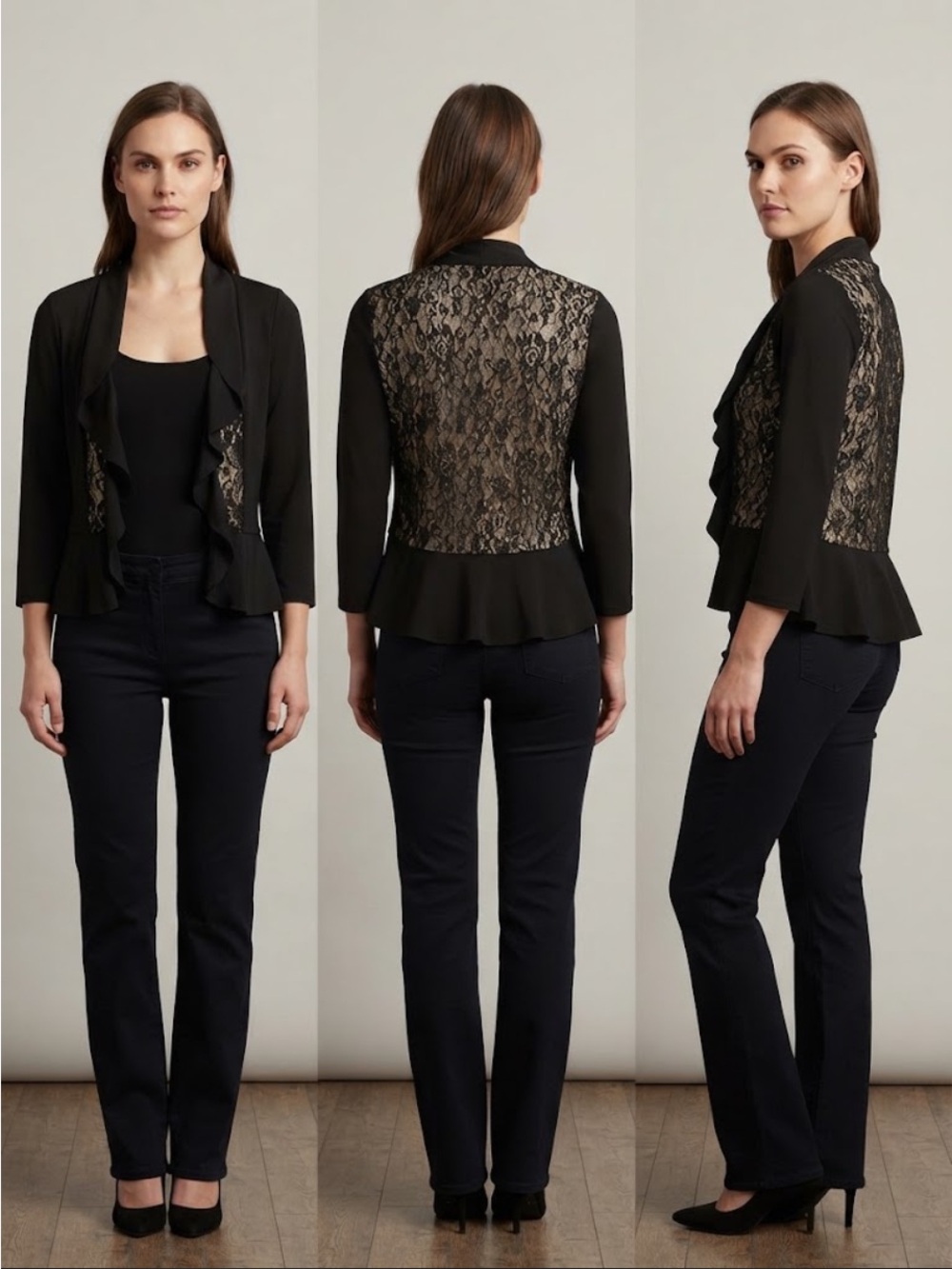 25. Glamour Black Open Front
Cardigan Gold Metallic Lace Back Peplum Size M